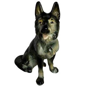 Vtg Hand-Painted Ceramic Alsatian German Shepherd Figurine 8" Glossy Blk & Tan